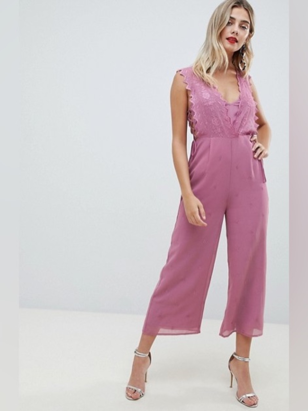 ASOS DESIGN  mauve purple Jumpsuit With Embroidery And Lace Up Detail